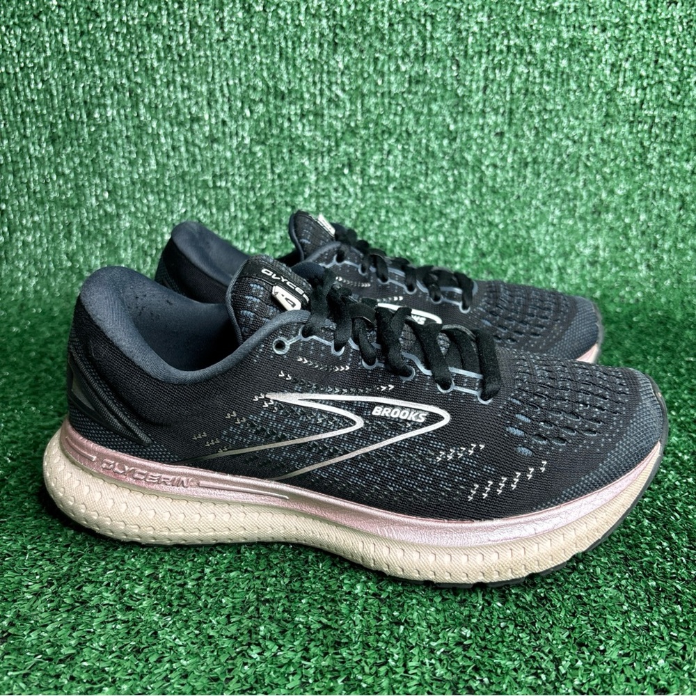 Brooks Glycerin 19 Running Shoes Womens 7 Black Metallic Pink Rose Gold Sneaker